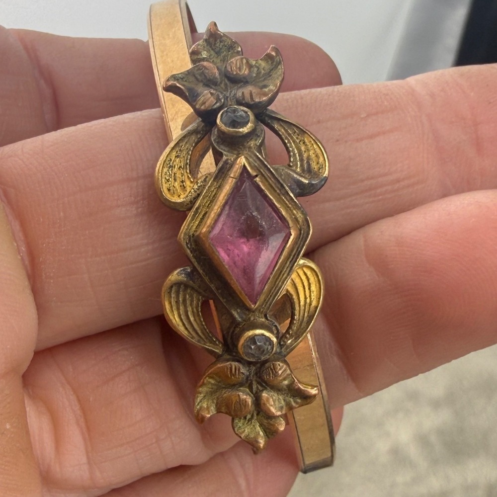 Vintage Art Nouveau Bangle Bracelet Gold Tone Pink Rhinestone S&W 6.5"